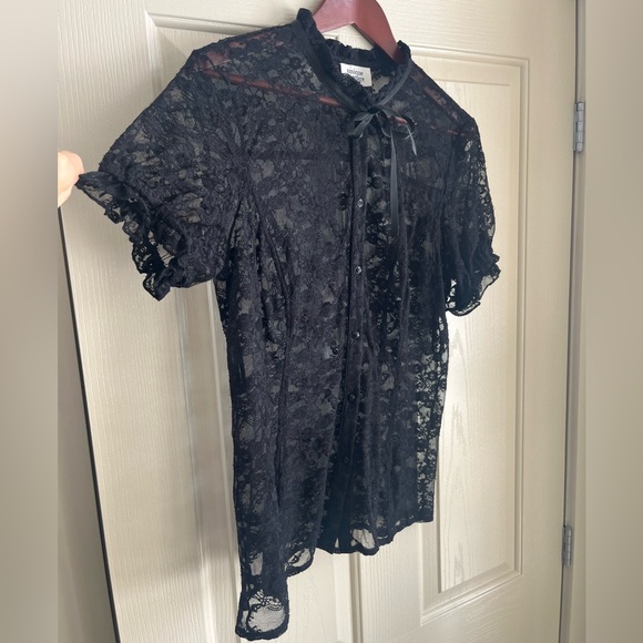 UNIQUE VINTAGE Black Lace Short-Sleeve Blouse with Ribbon Tie Size M - Picture 3 of 9